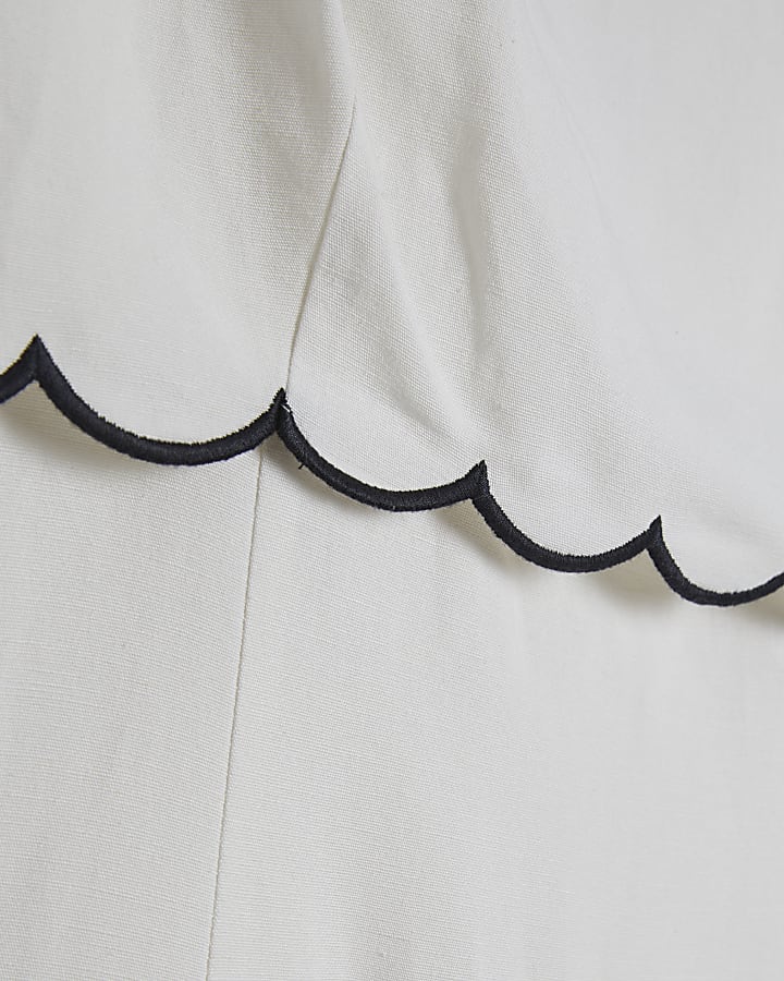 White Linen Blend Scallop Trim Midi Dress