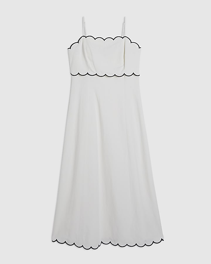 White Linen Blend Scallop Trim Midi Dress