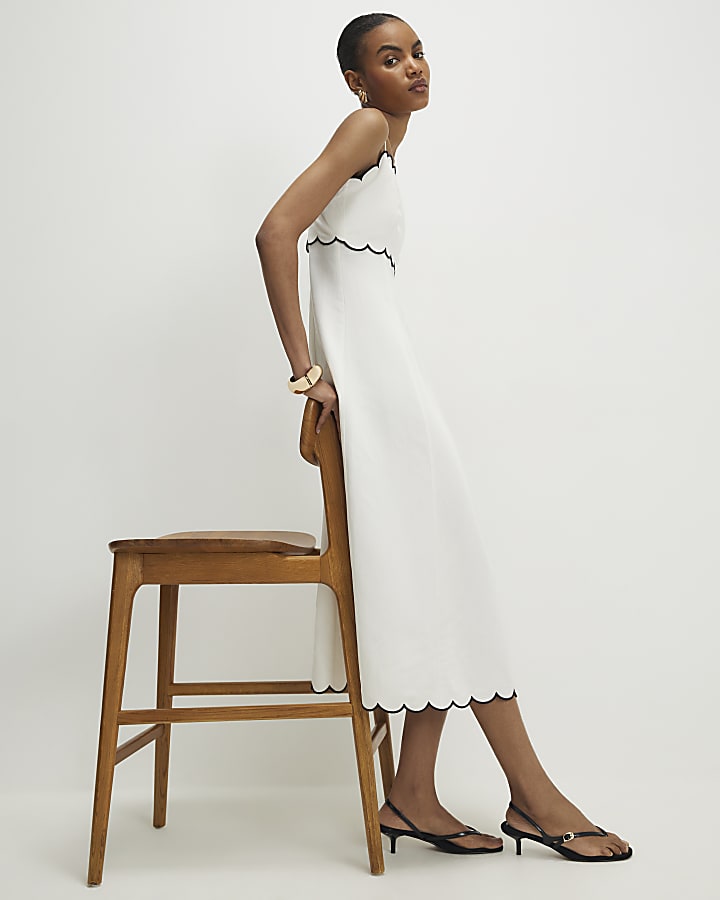 White Linen Blend Scallop Trim Midi Dress