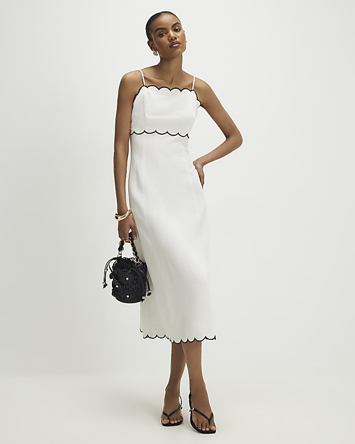 White Linen Blend Scallop Trim Midi Dress