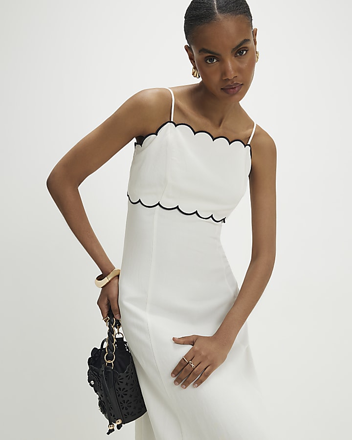 White Linen Blend Scallop Trim Midi Dress