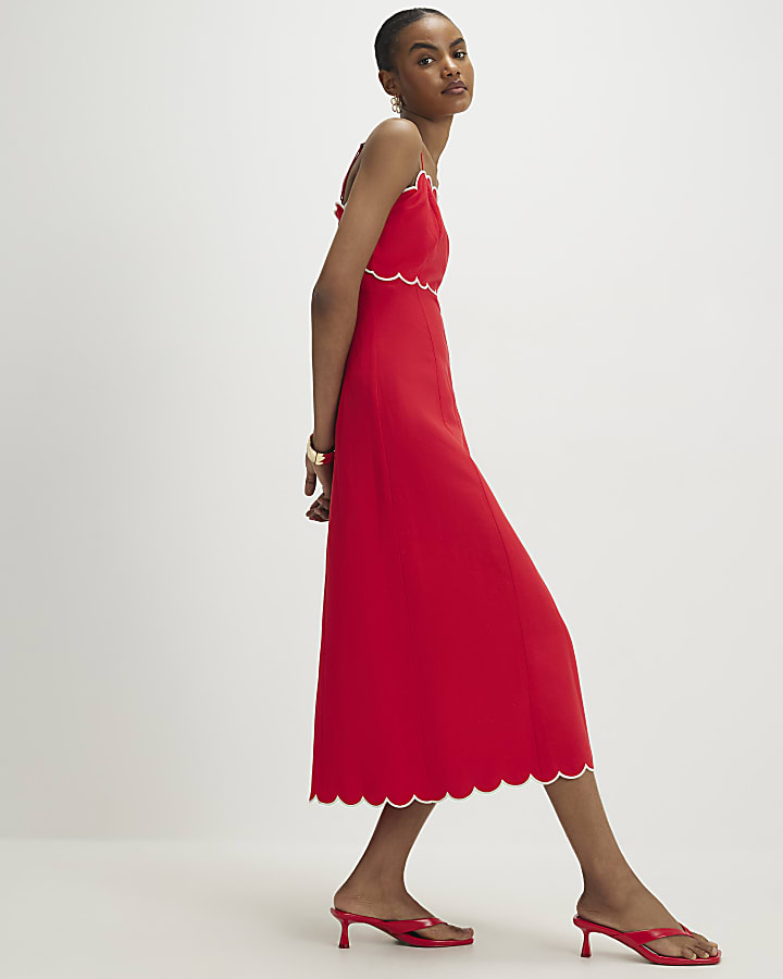 Red Linen Blend Scallop Trim Midi Dress