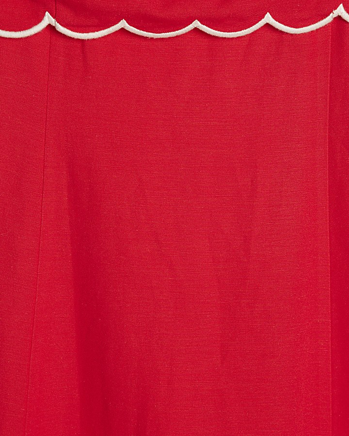 Red Linen Blend Scallop Trim Midi Dress