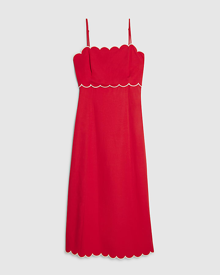 Red Linen Blend Scallop Trim Midi Dress