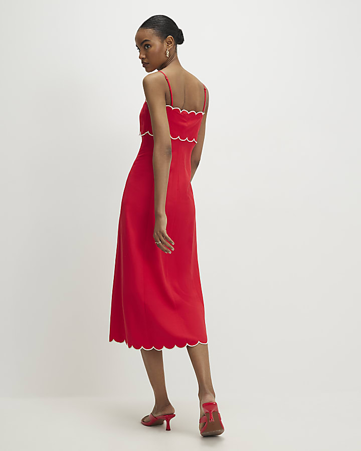 Red Linen Blend Scallop Trim Midi Dress