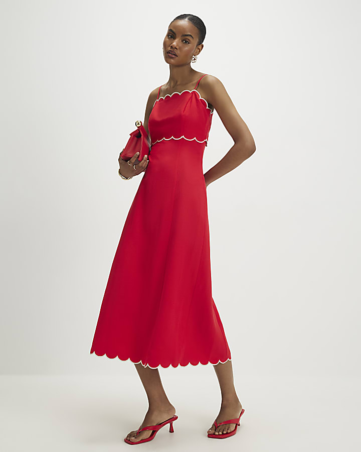 Red Linen Blend Scallop Trim Midi Dress