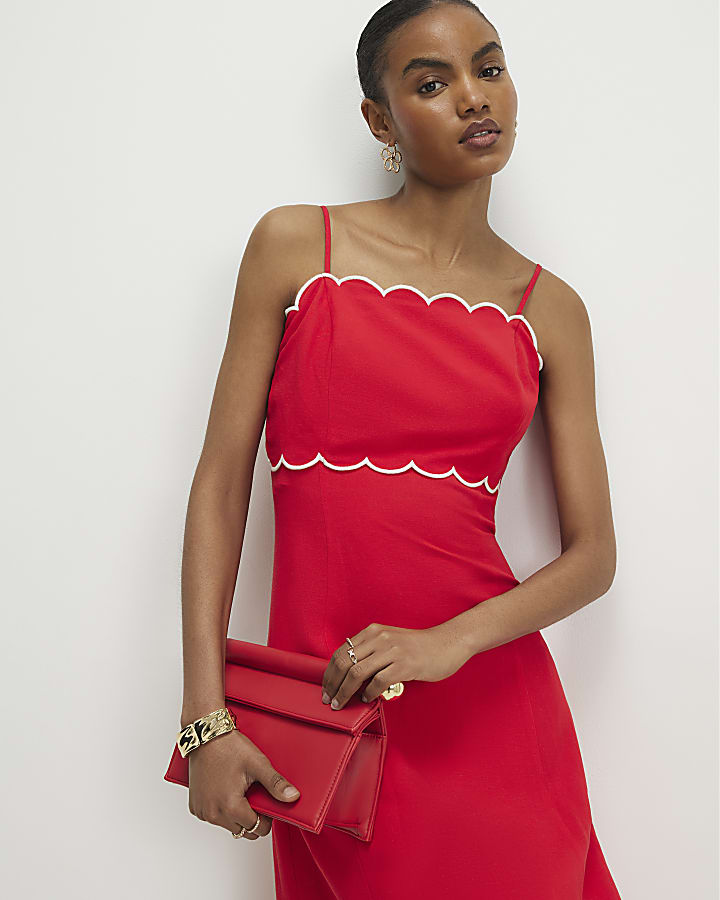 Red Linen Blend Scallop Trim Midi Dress