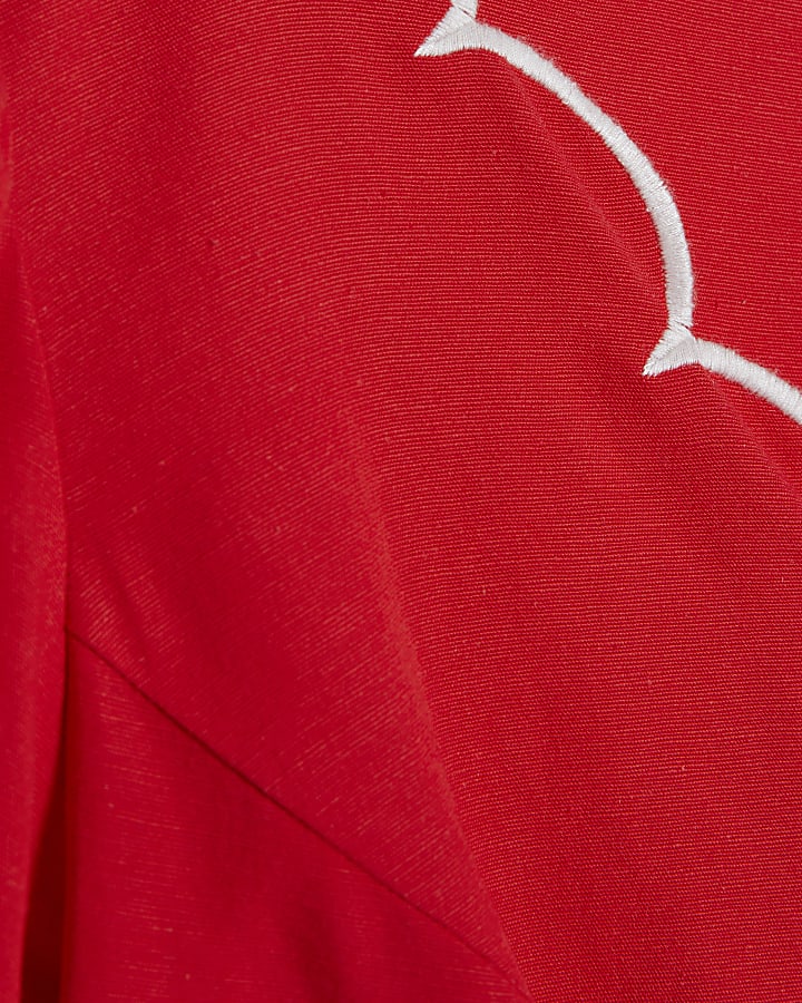 Red Linen Blend Scallop V Neck Dress
