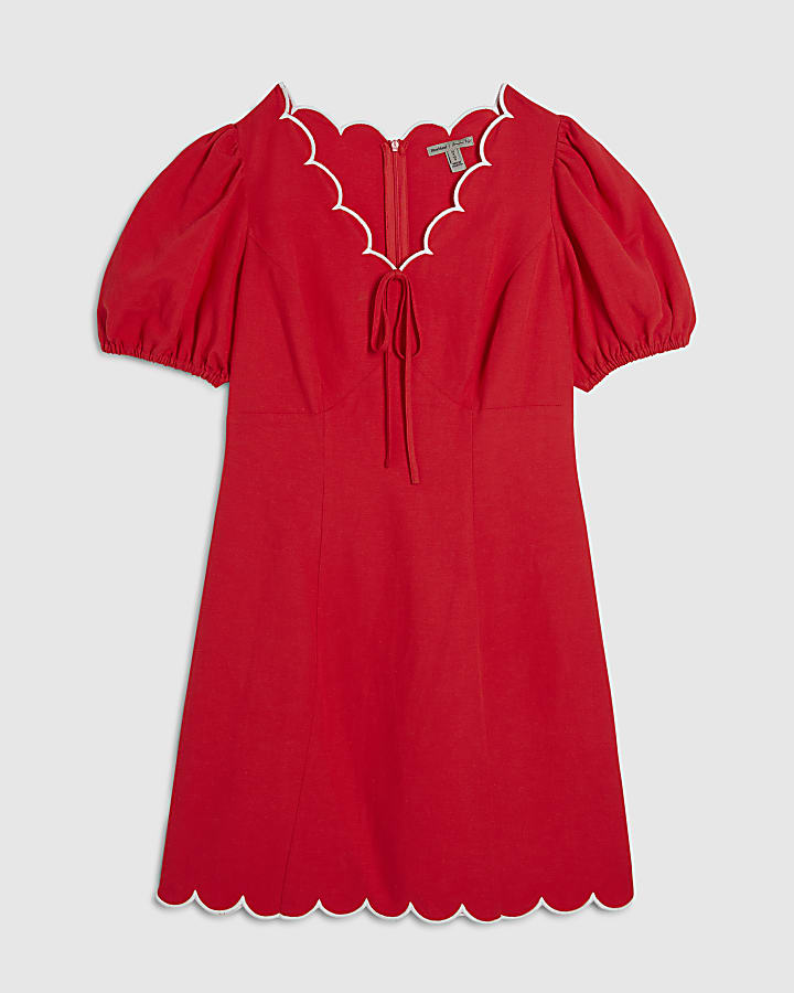 Red Linen Blend Scallop V Neck Dress