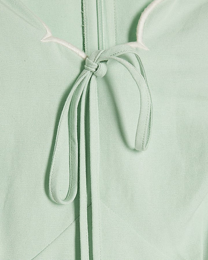 Green Linen Blend Scallop Trim Mini Dress