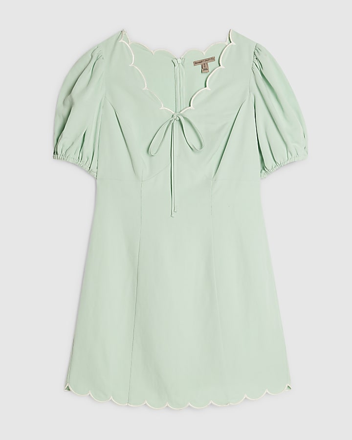 Green Linen Blend Scallop Trim Mini Dress