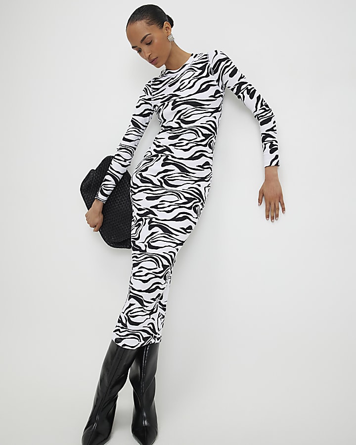 Black Zebra Print Ribbed Midi Dress