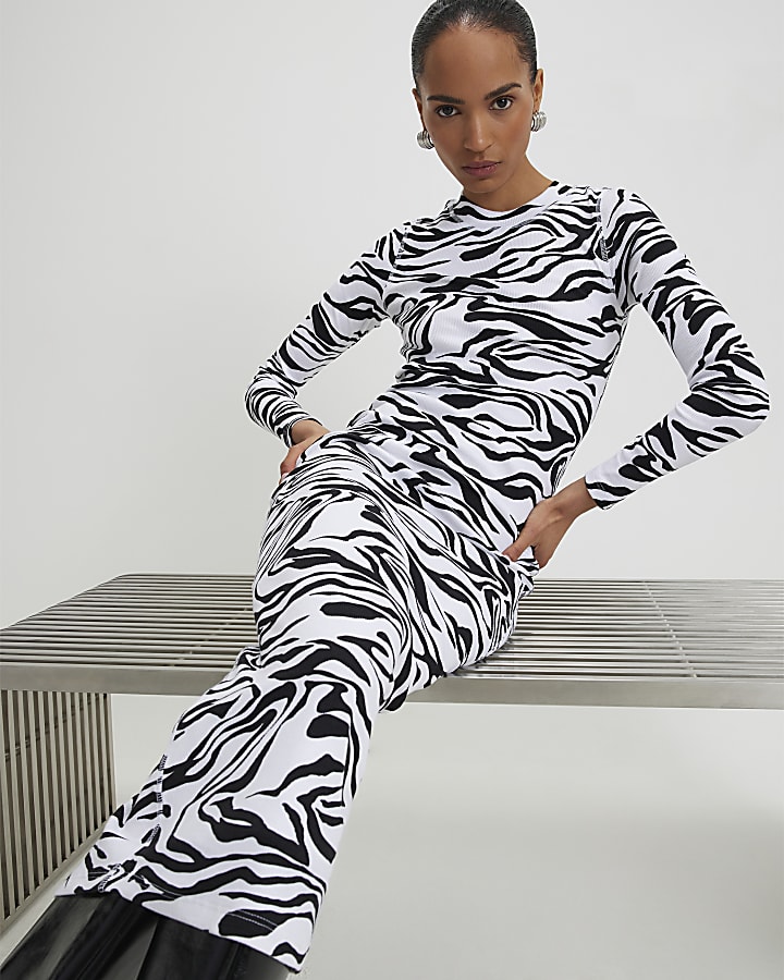 Black Zebra Print Ribbed Midi Dress