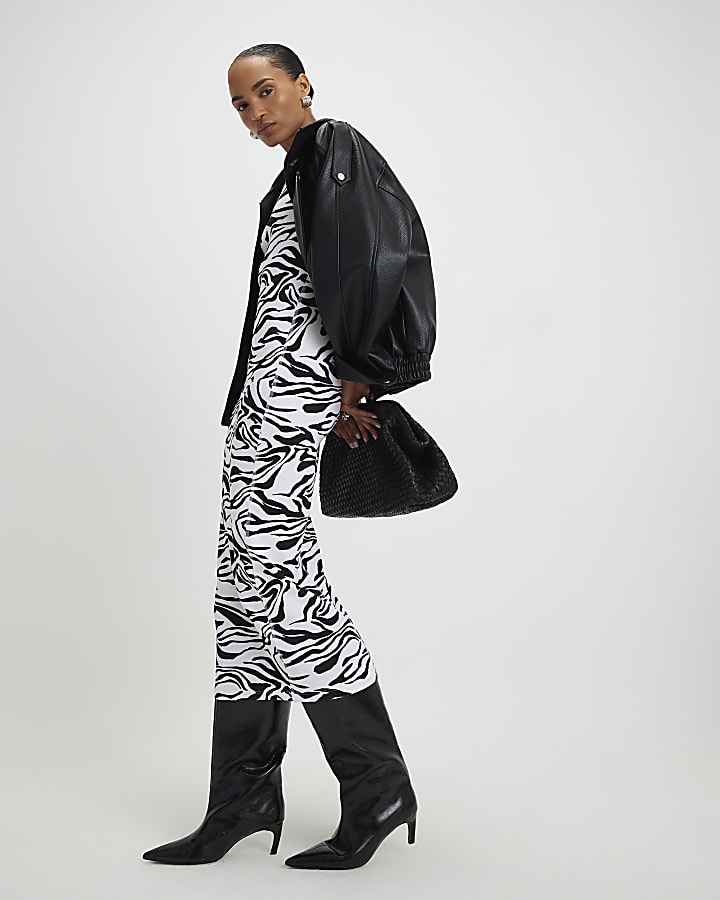 Black Zebra Print Ribbed Midi Dress