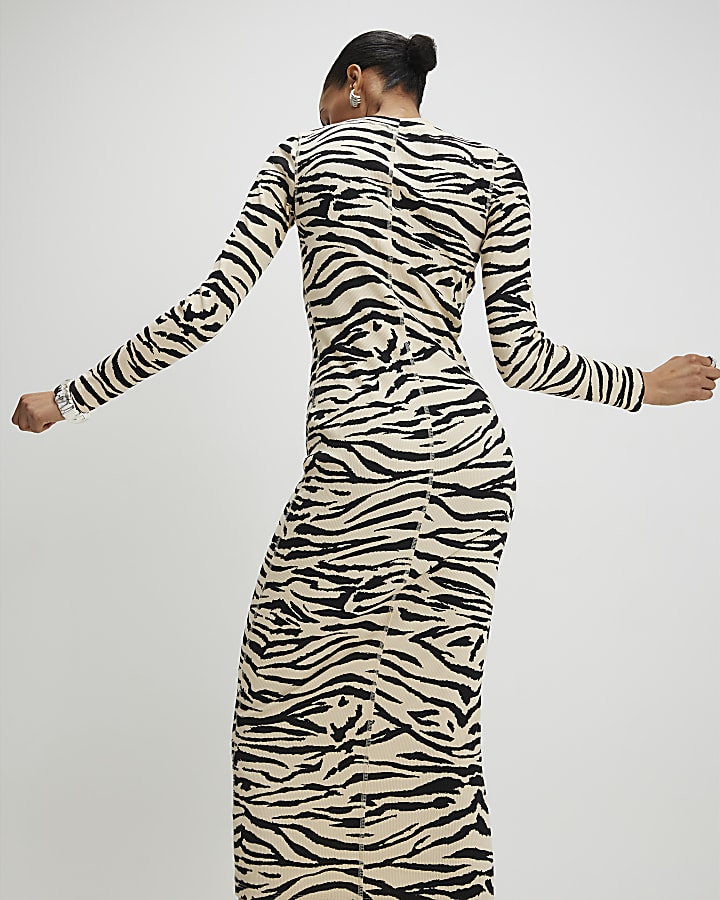 Beige Zebra Print Ribbed Midi Dress