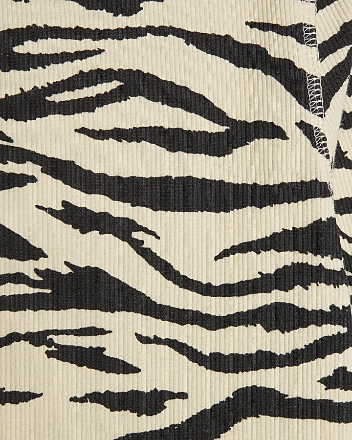 Beige Zebra Print Ribbed Midi Dress