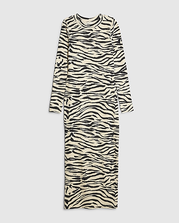 Beige Zebra Print Ribbed Midi Dress