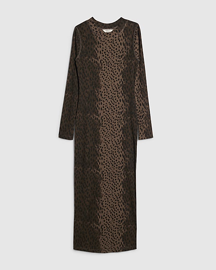 Brown Animal Print Ribbed Midi Dress