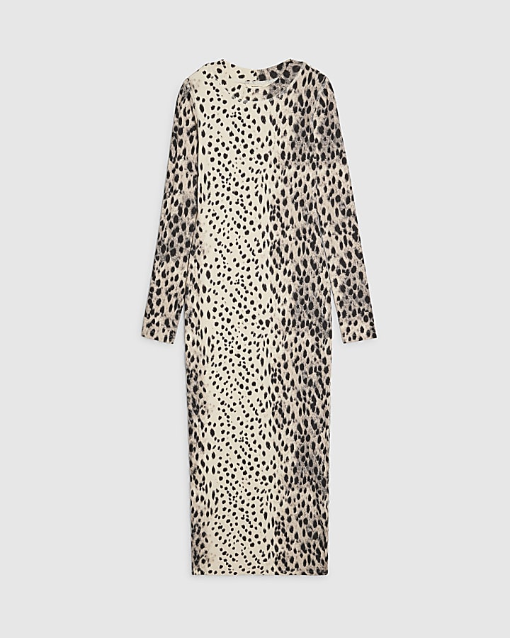 Cream Leopard Print Ribbed Midi Dress