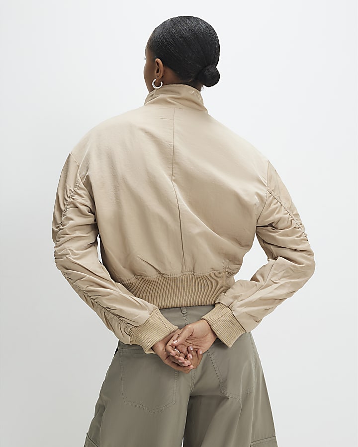 Beige Funnel Neck Bomber Jacket