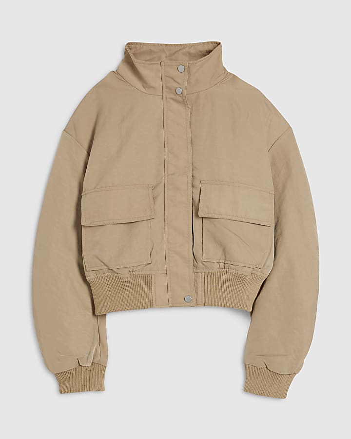 Beige Funnel Neck Bomber Jacket