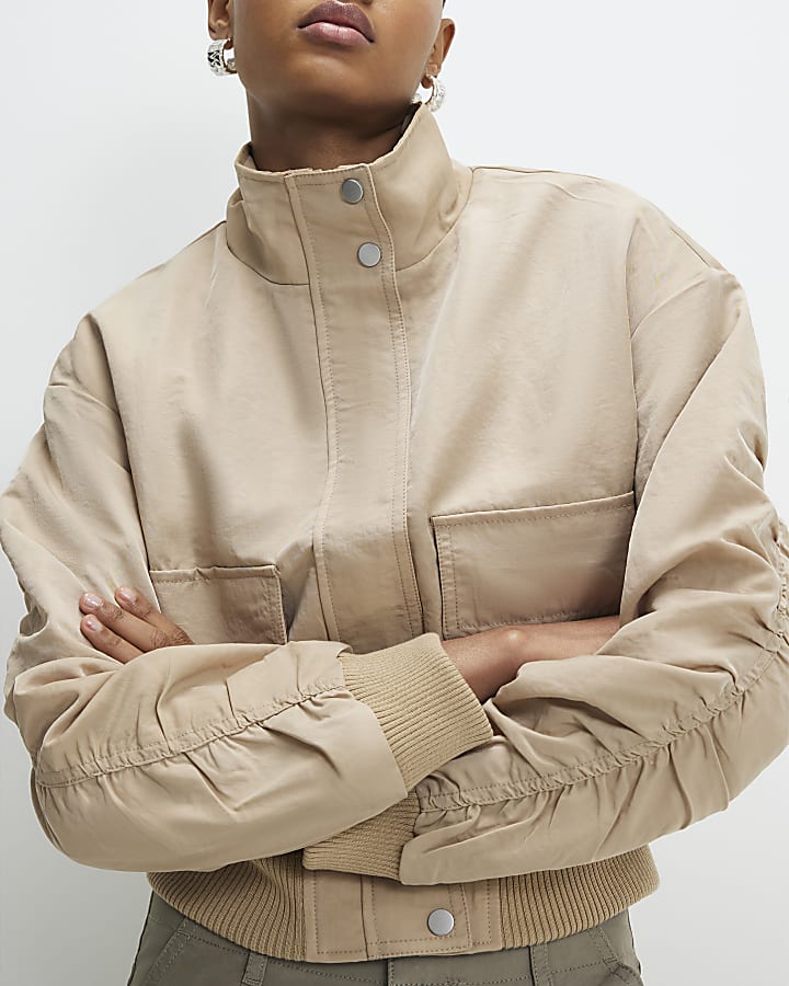 Beige Funnel Neck Bomber Jacket