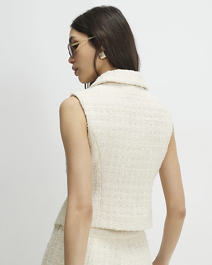 Cream Sleeveless Boucle Collared Waistcoat