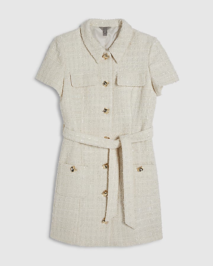 Cream Boucle Belted Mini Dress