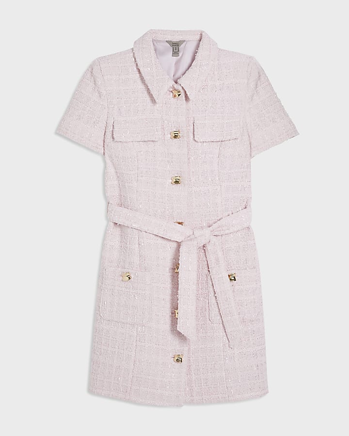 Pink Boucle Belted Mini Dress