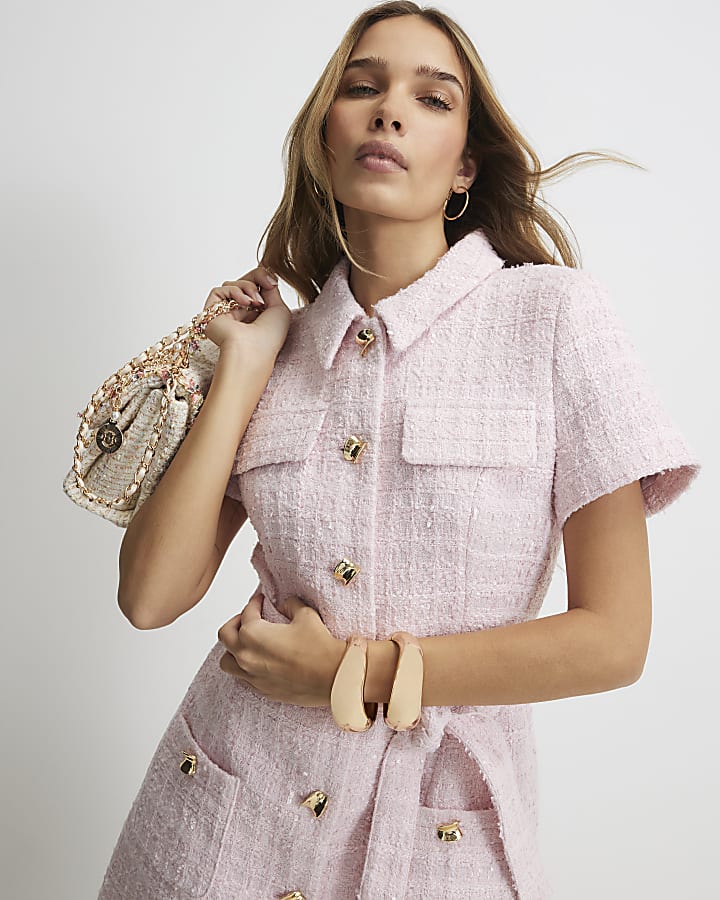 Pink Boucle Belted Mini Dress