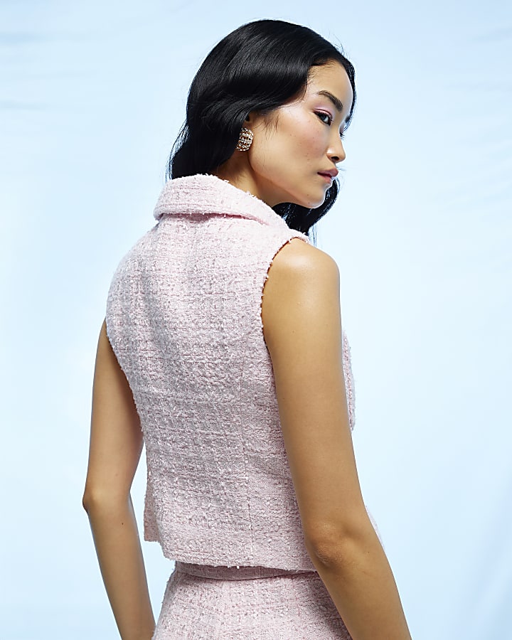 Pink Boucle Collared Sleeveless Waistcoat