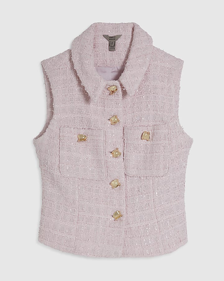 Pink Boucle Collared Sleeveless Waistcoat