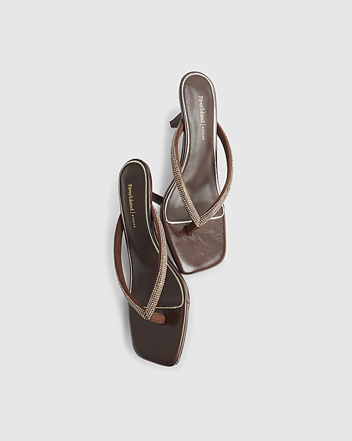 Brown Diamante Toe Thong Heeled Sandals