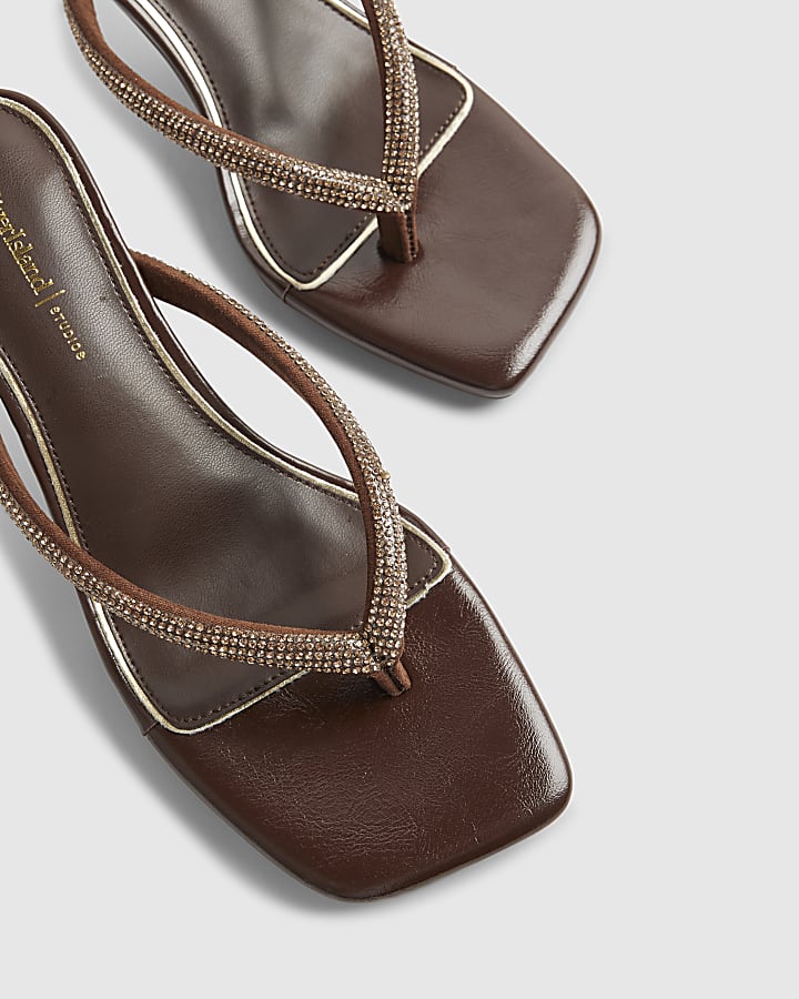 Brown Diamante Toe Thong Heeled Sandals