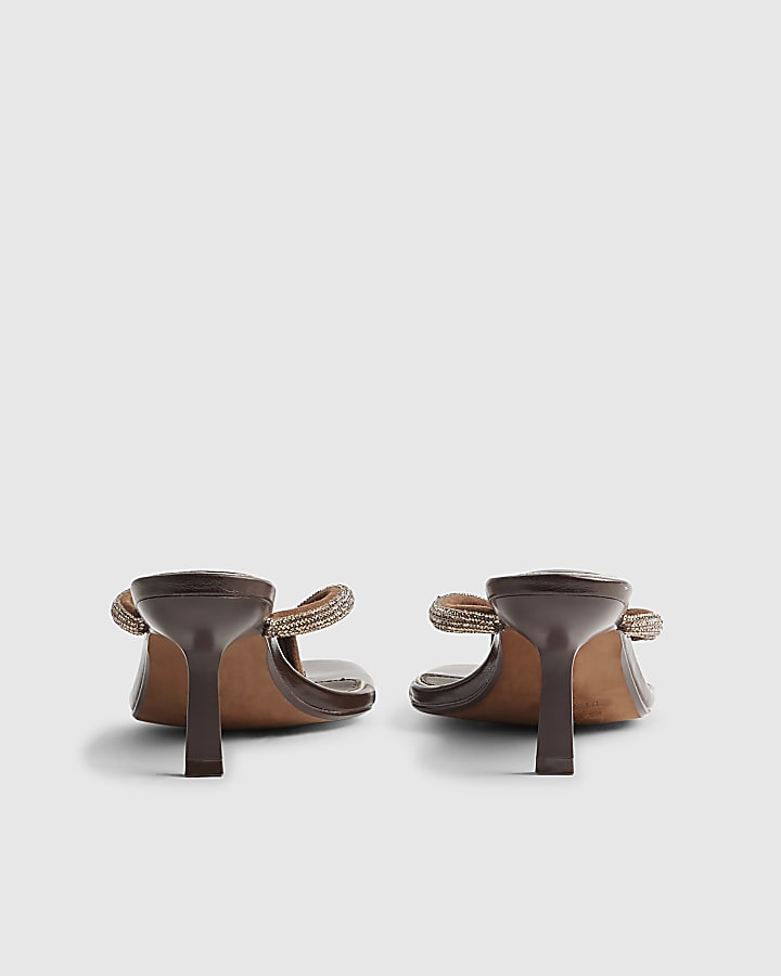 Brown Diamante Toe Thong Heeled Sandals