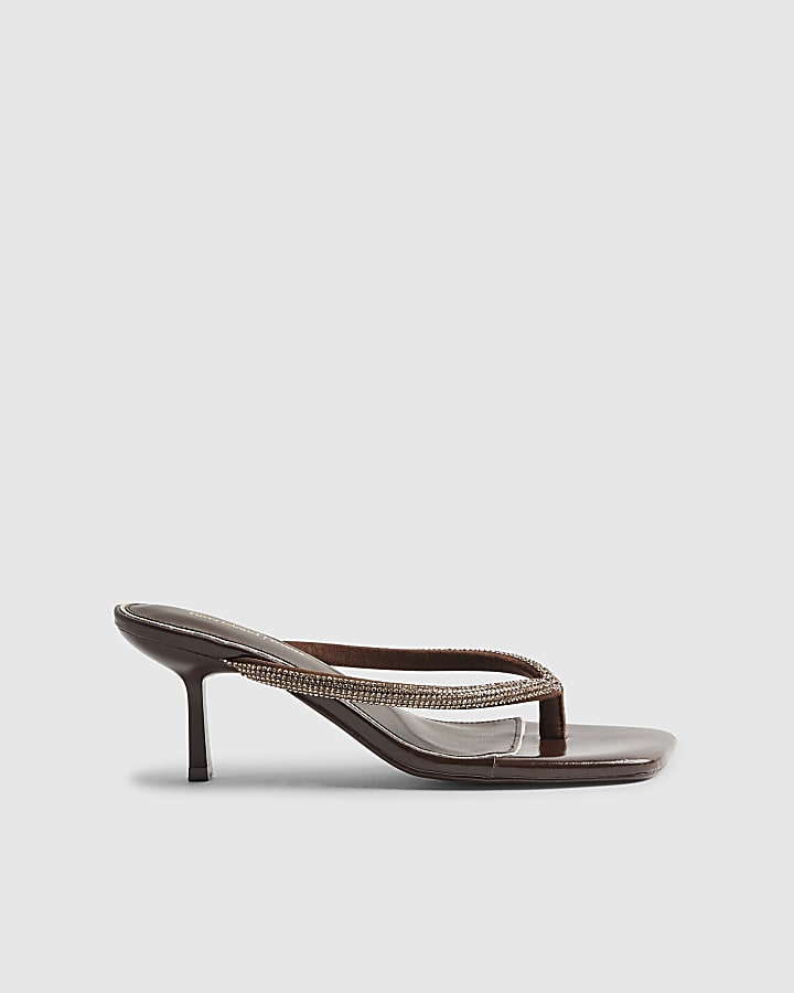 Brown Diamante Toe Thong Heeled Sandals