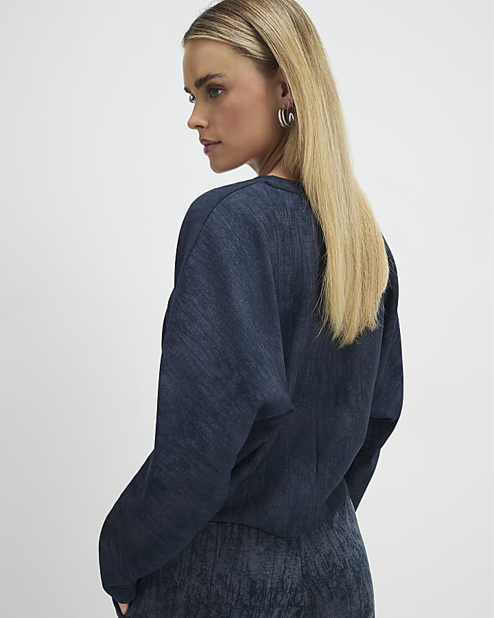 Petite Navy Premium Crinkle Batwing Top