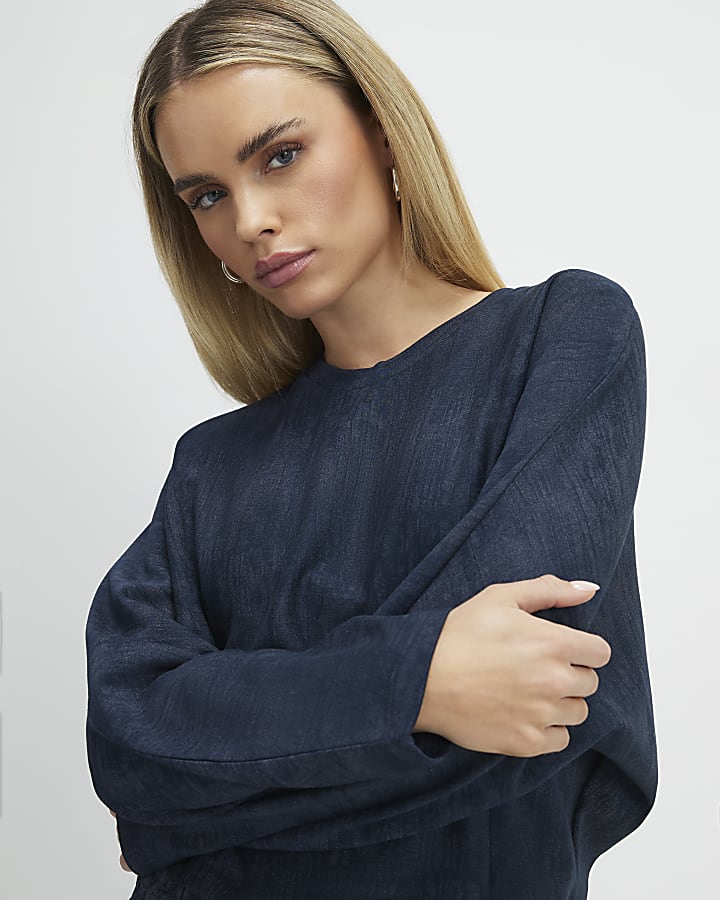 Petite Navy Premium Crinkle Batwing Top