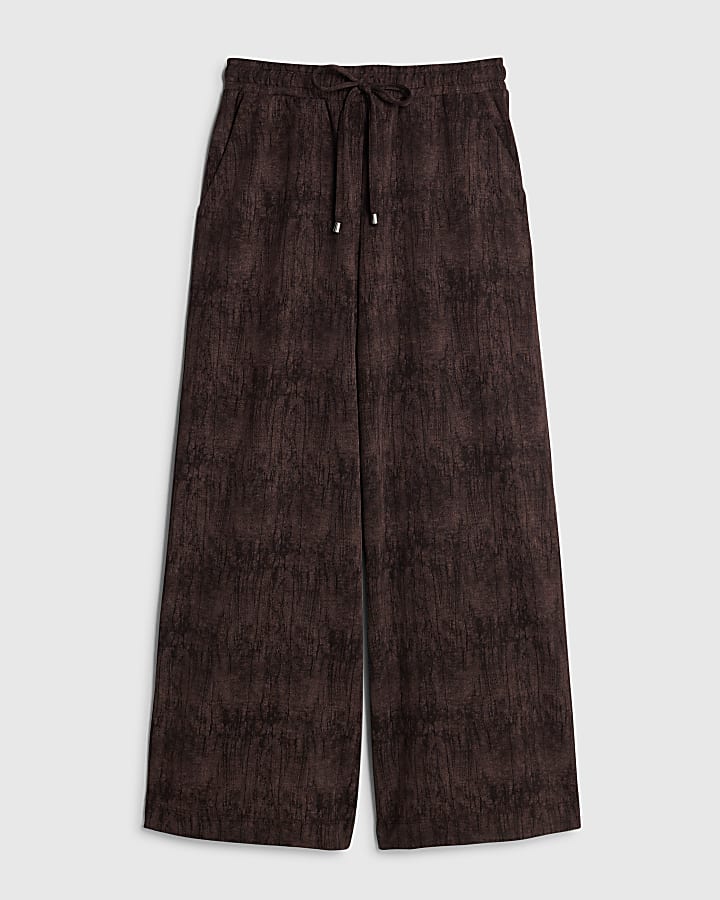 Petite Brown Premium Crinkle Wide Leg Joggers