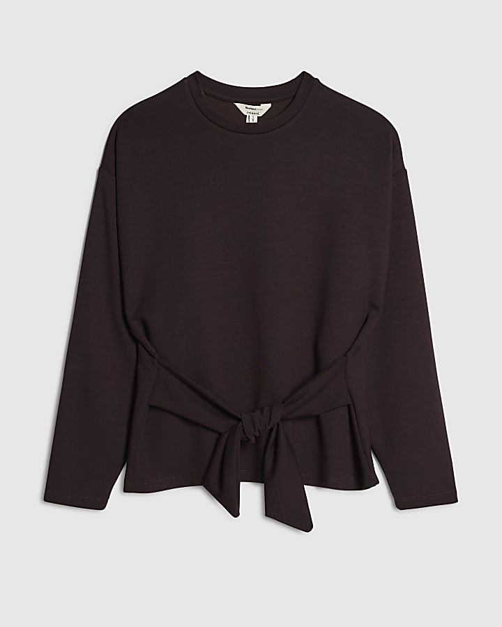 Petite Brown Tie Front Premium Top
