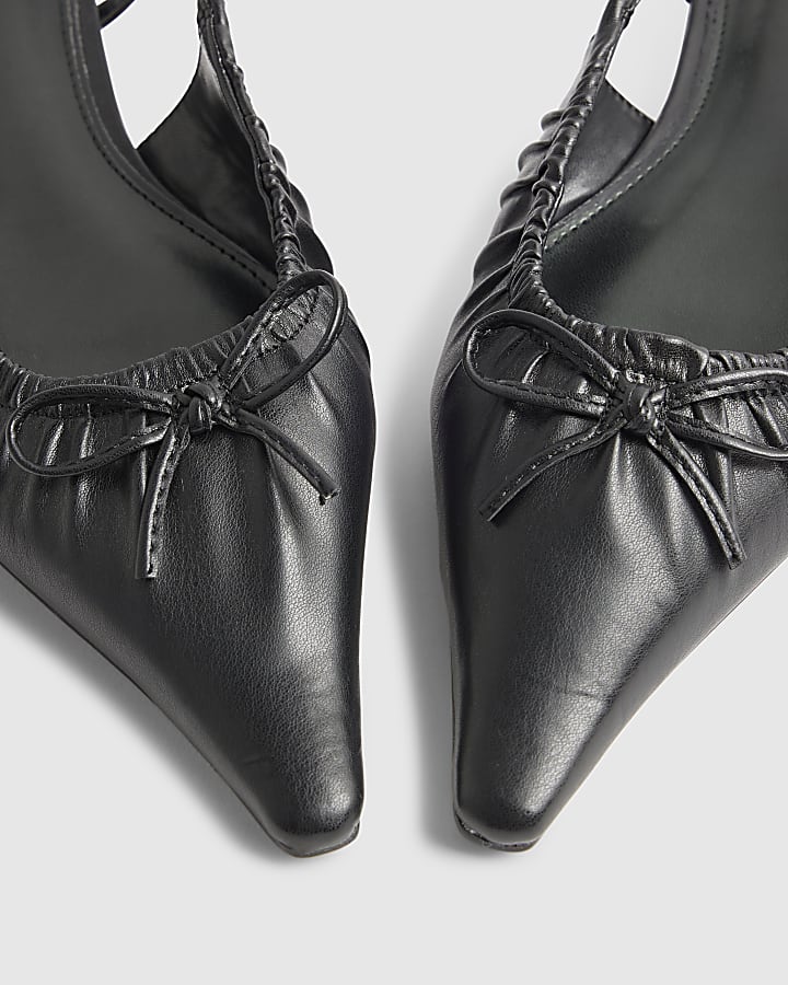 Black Ruched Bow Sling Back Flat Shoes
