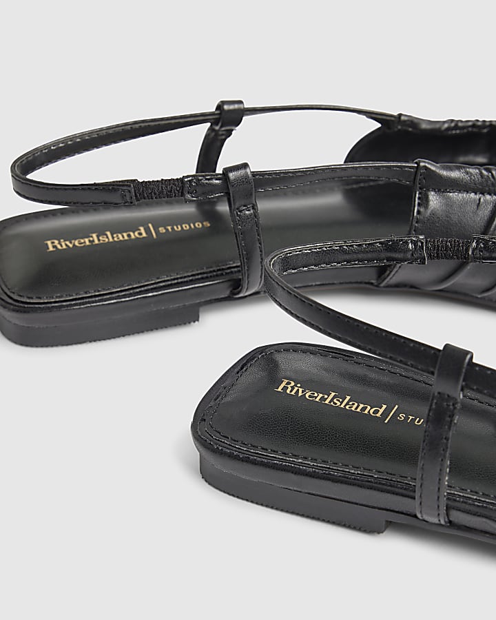 Black Ruched Bow Sling Back Flat Shoes