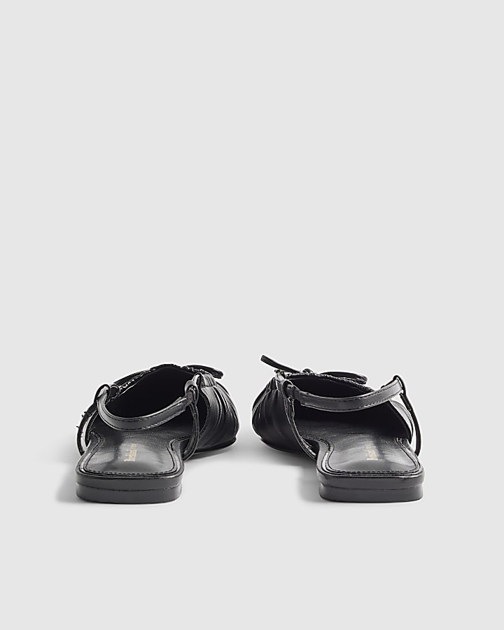 Black Ruched Bow Sling Back Flat Shoes