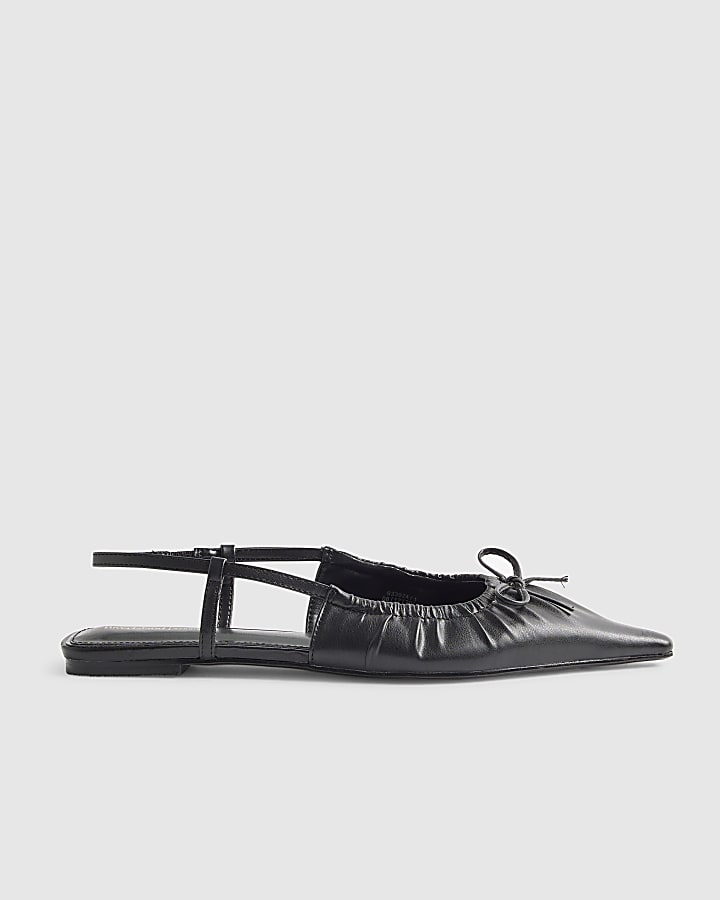 Black Ruched Bow Sling Back Flat Shoes