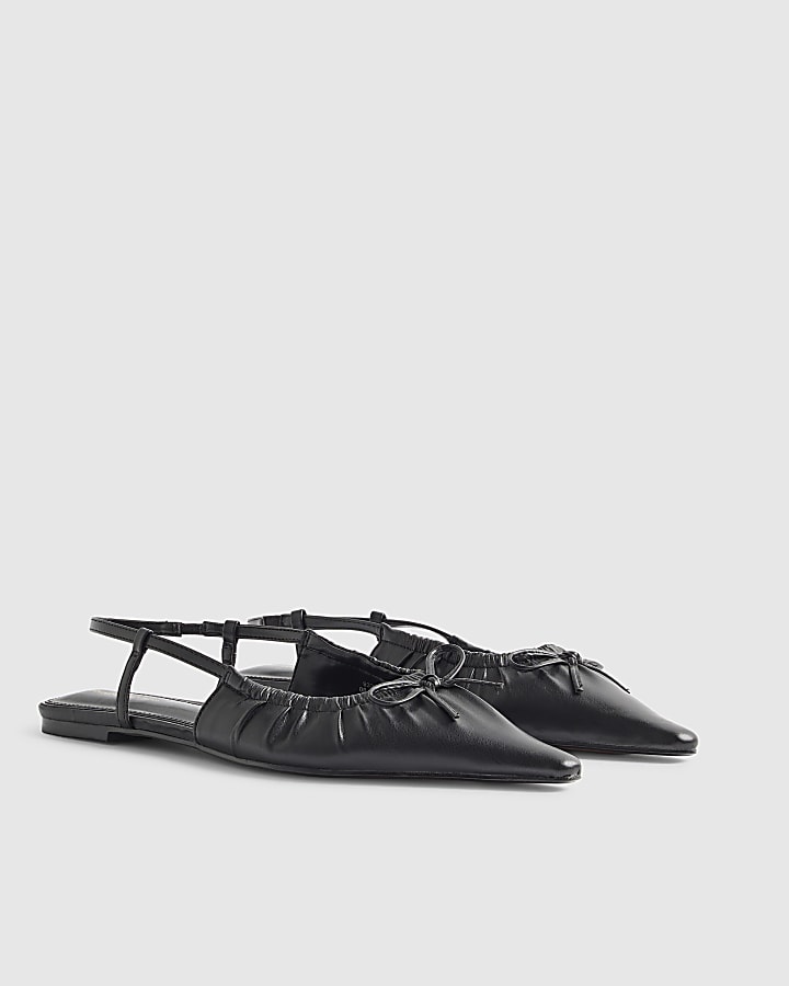 Black Ruched Bow Sling Back Flat Shoes