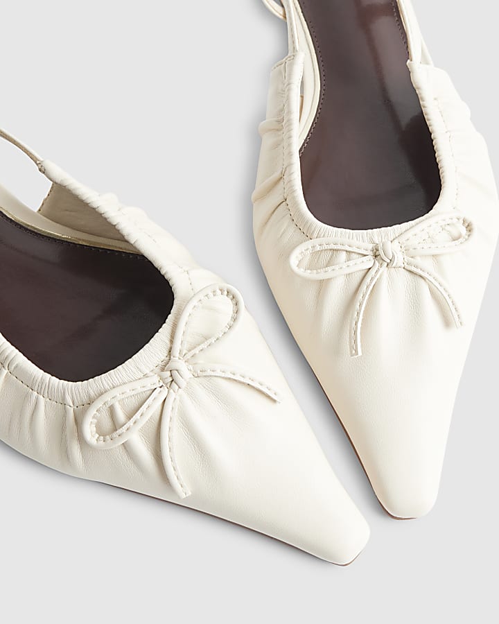 Cream Ruched Bow Sling Back Flat Shoes
