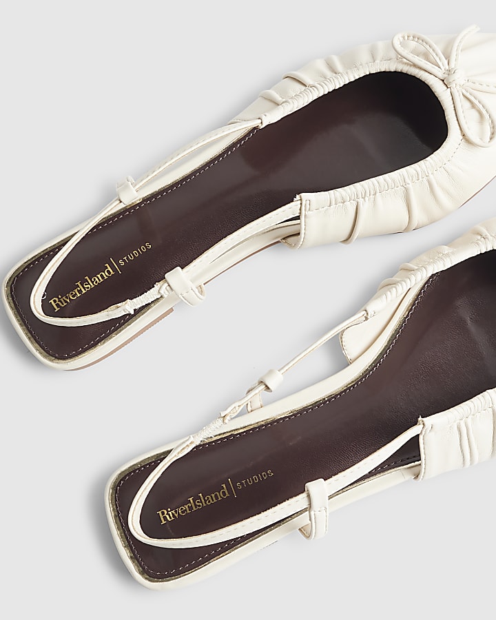 Cream Ruched Bow Sling Back Flat Shoes
