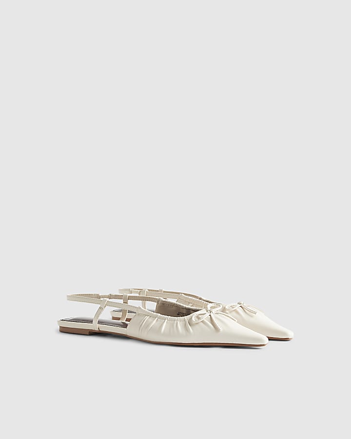 Cream Ruched Bow Sling Back Flat Shoes