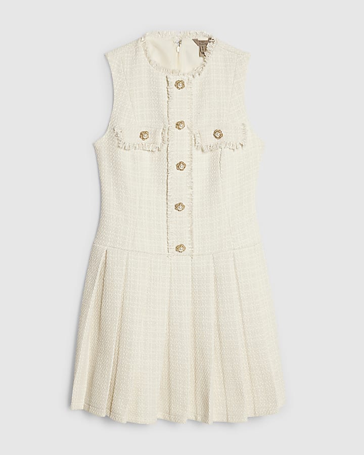 Cream Boucle Pleated Hem Mini Dress