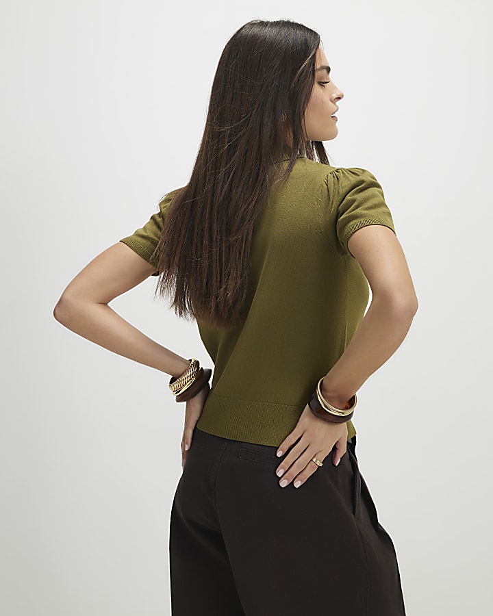 Khaki Knitted Short Sleeve Polo Cardigan